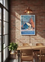 Vibrant Blue House Winter Sunset - Golden Hour Art & Warm Winter Streetscape