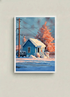 Vibrant Blue House Winter Sunset - Golden Hour Art & Warm Winter Streetscape