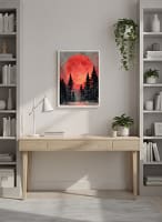 Dramatic Red Moon Forest Silhouette - Minimalist Forest Art & Graphic Landscape Decor