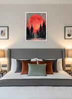 Dramatic Red Moon Forest Silhouette - Minimalist Forest Art & Graphic Landscape Decor