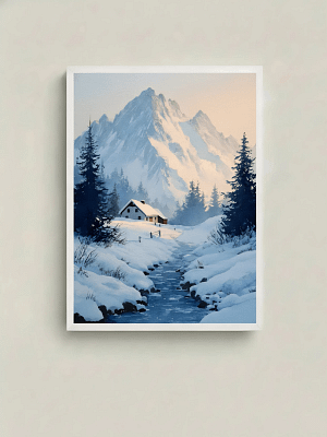 Serene Snowy Alpine Cabin - Alpine Landscape Art & Mountain Home Decor