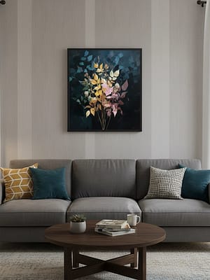 Living Room Scene: Abstract art elevating art for living room taste, adding a sense of serenity.