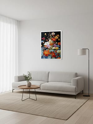 Living Room Scene: Vibrant floral oil painting as decor, highlighting the vitality of living room art.