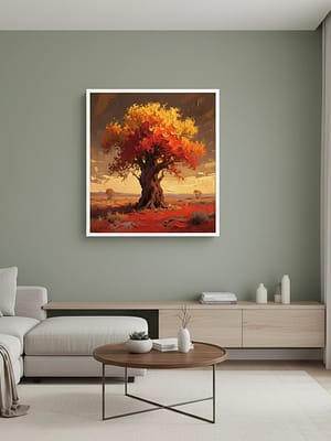 Living Room Scene: Autumn oil painting creating a grand living room decor ambiance.