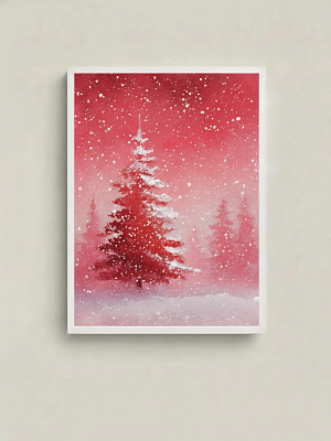 Vivid Red Snowfall Forest - Red Abstract Art & Modern Winter Decor