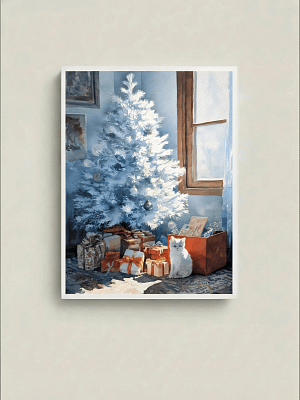 Stunning White Christmas Art: Cat Painting for Wall Art
