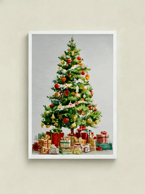 Lush Traditional Christmas Tree and Gifts - Traditional Tree Art & Classic Holiday Painting