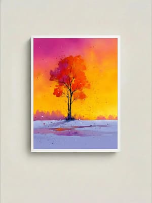 Striking Vibrant Sunset Lone Tree - Vibrant Sunset Art & Minimalist Decor