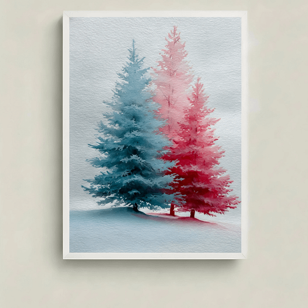 Stunning Duotone Watercolor featuring high contrast pines, main view.