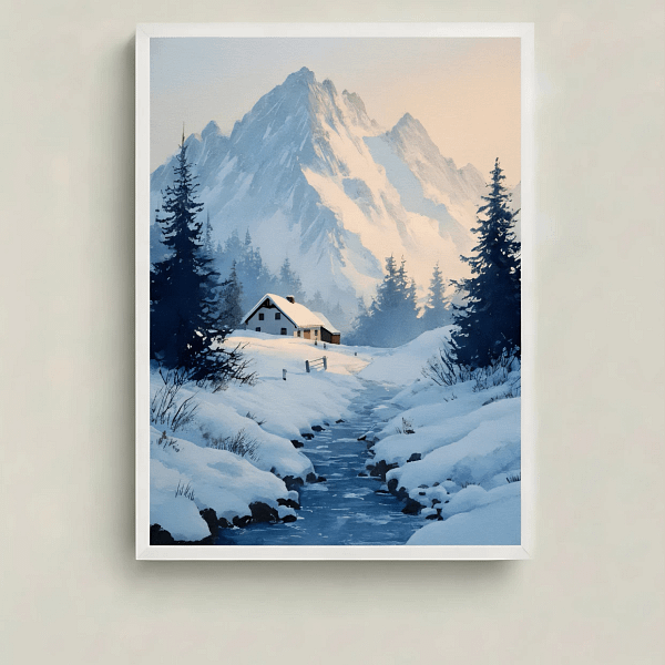 Serene Alpine Landscape Art of a mountain cabin and stream, main view.