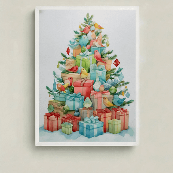 Joyful Christmas Presents Art of stacked gifts, main view.