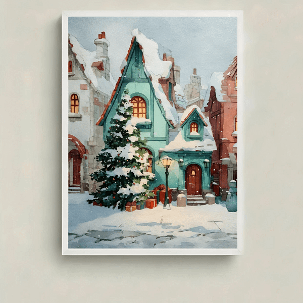 Charming Christmas Village Decor print of a snowy teal cottage, main view.