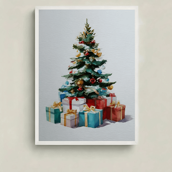 Classic Christmas Decor of a tree and gifts, perfect holiday art.