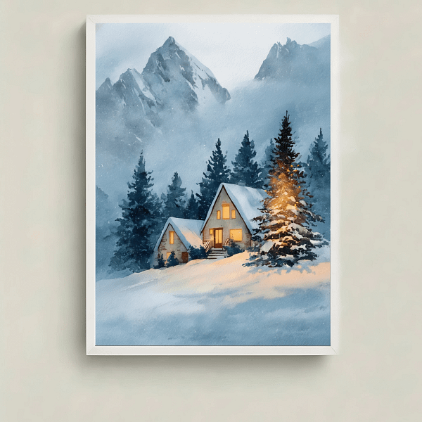 Stunning Cozy Cabin Decor Watercolor Art, main product view.