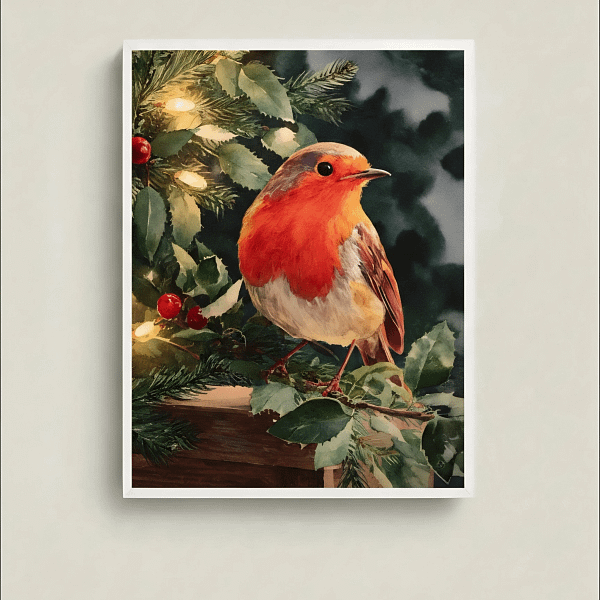 Delightful Nature Wall Art - Robin by Christmas lights.