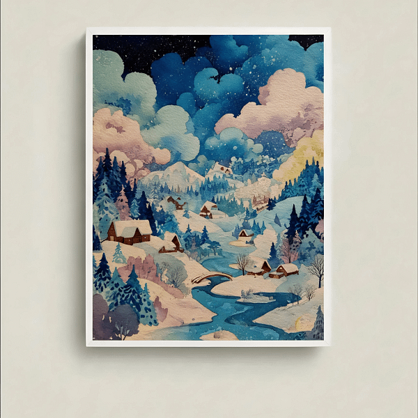 Dreamy Scenic Village Art - Winter stream landscape.
