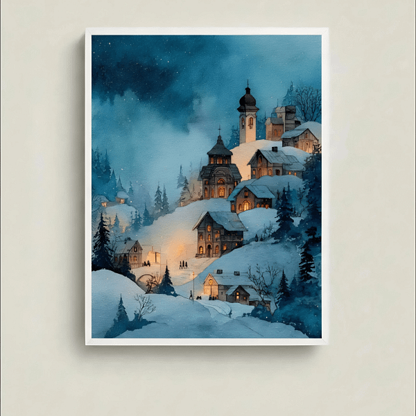 Enchanting Village Painting - Snowy night bell tower.