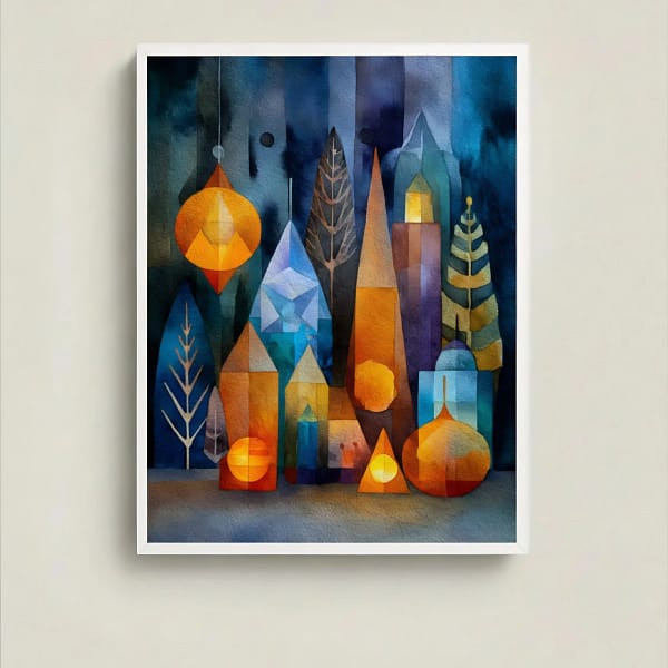 Conceptual Geometric Abstract Art of a glowing village, main view.