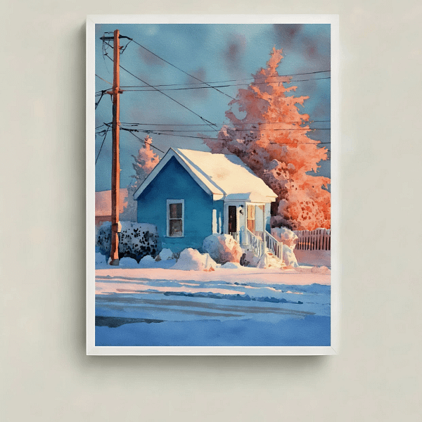 Vibrant Golden Hour Art of a blue house in snow, main product view.