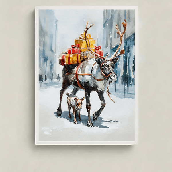 Magical Festive Reindeer Watercolor - Christmas Animal Art.