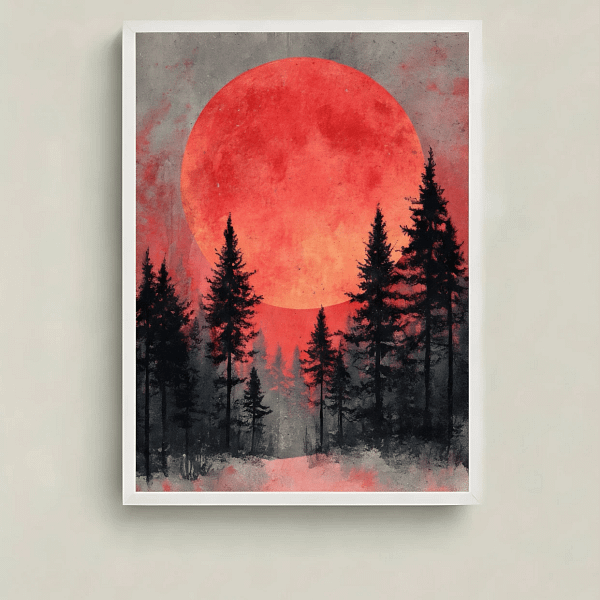 Dramatic Minimalist Forest Art featuring a red moon silhouette, main product view.