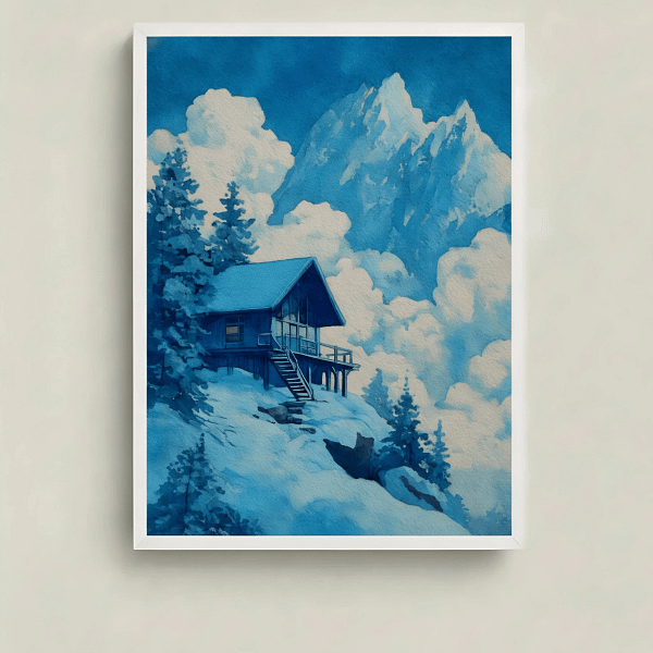 Stunning Monochromatic Wall Art of a blue cabin, main view.