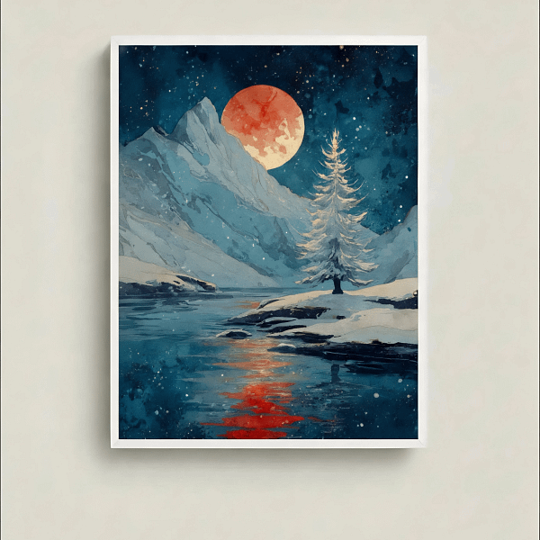 Mysterious Mountain Wall Art - Red moon and snowy pine.