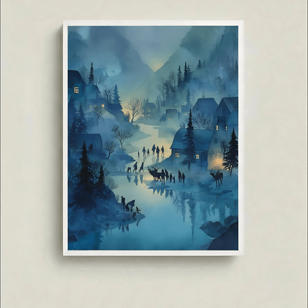 Mysterious Winter Landscape Art - Mannerist Painting for Art Deco Design.