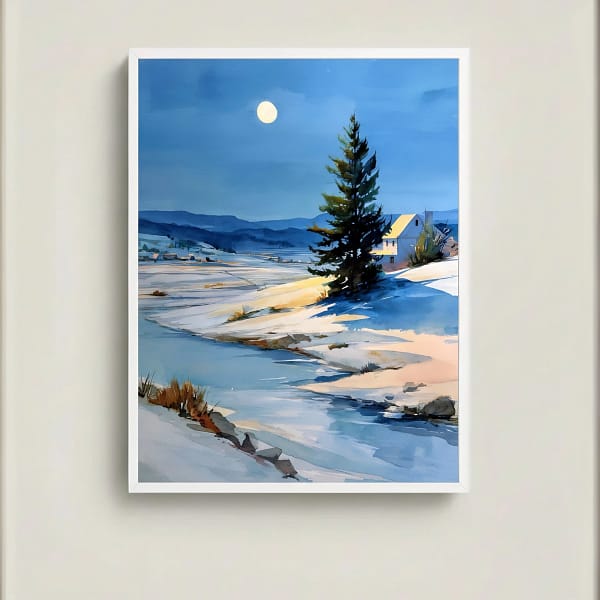 Peaceful Watercolor Paintings - Pine tree and river landscape.