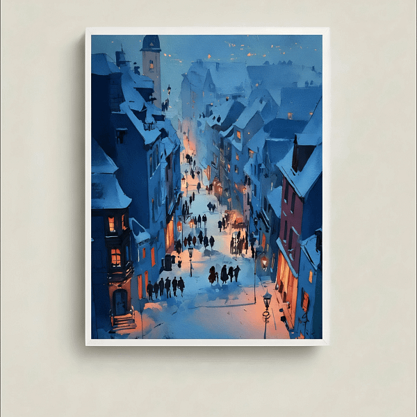 Poetic City Street Painting - Art Nouveau Style for winter decor.