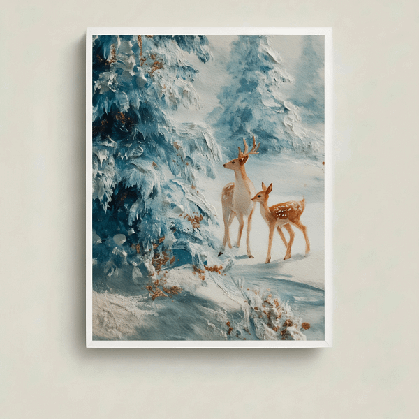 Poetic Snowy Woods Art - Fawn Painting for wall decor.