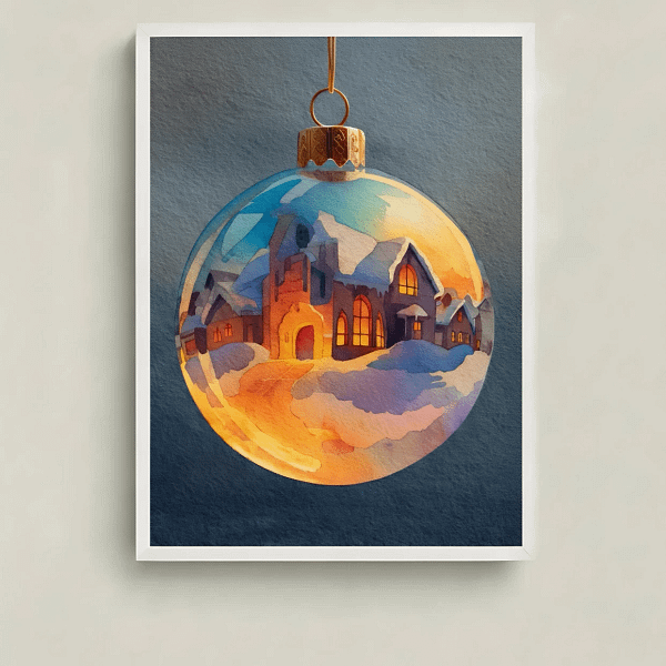 Magical Reflective Ornament Art of a village scene, main product view.