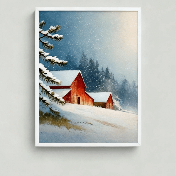 Nostalgic Rustic Farmhouse Art of a red barn in snow, main view.