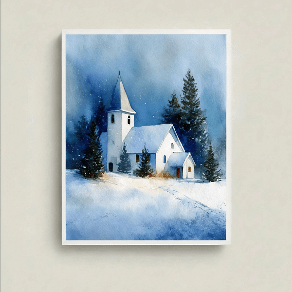 Serene Winter Chapel Art - Snowy church scene.