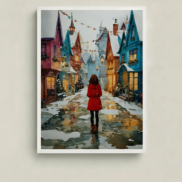 Enchanting Storybook Art Print of a colorful Christmas village, main view.