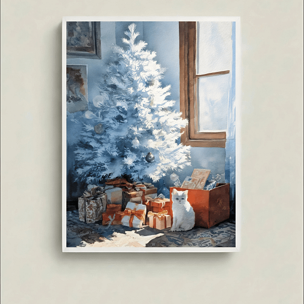 Stunning White Christmas Art - Cat Painting for Wall Art.