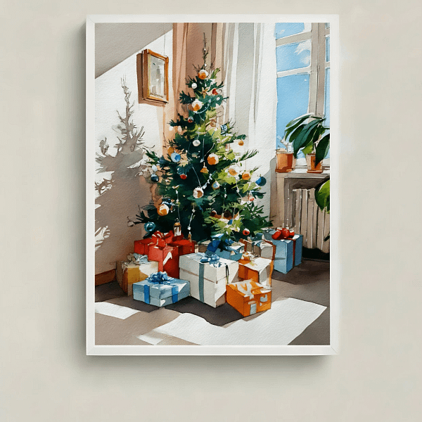 Radiant Sunlit Interior Art of a Christmas tree with dramatic shadows, main view.