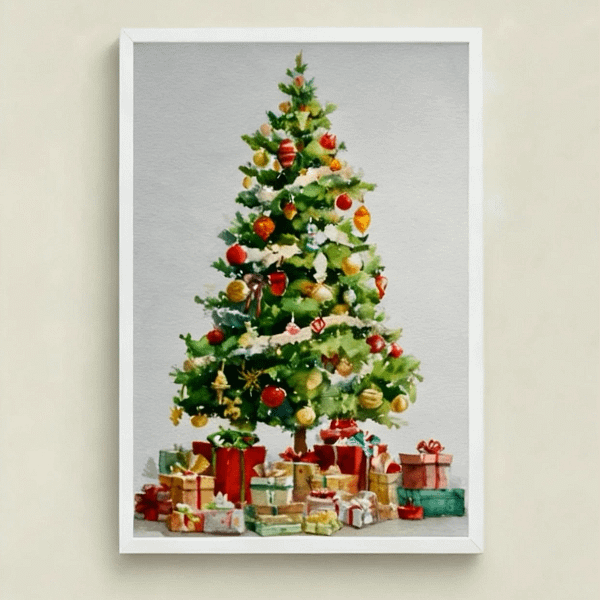 Lush Traditional Tree Art of a decorated tree and gifts, perfect holiday art.