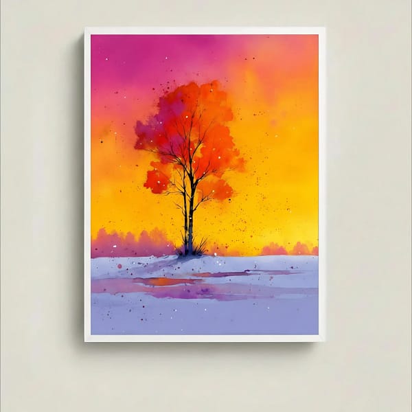 Striking Vibrant Sunset Art print of a lone tree, main product view.