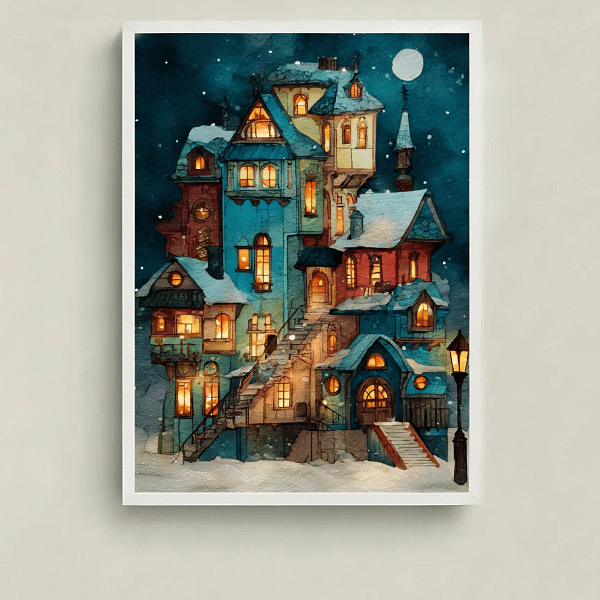 Whimsical Architecture Art print of stacked fantasy houses, main view.