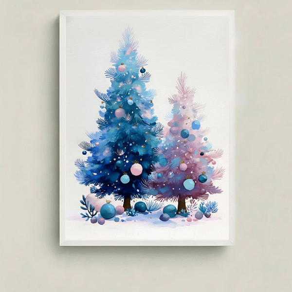 Captivating Whimsical Christmas Art of dual-tone trees, main view.