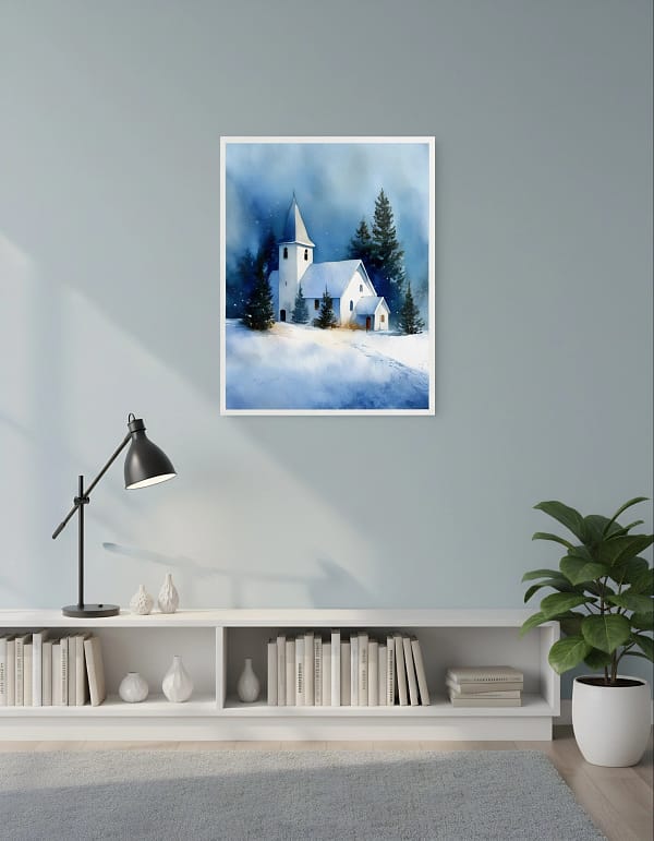 Serene Winter Chapel Art: Christmas Art and Wall Art for Bedroom