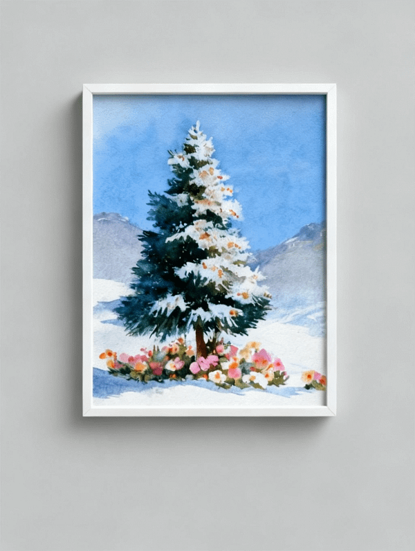 Stunning Flower Tree in Snow - Original Watercolor Art & Flower Wall Art