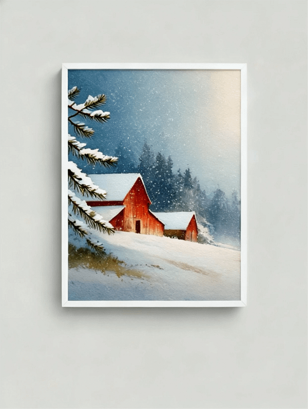 Nostalgic Red Barn in Snow - Rustic Farmhouse Art & Winter Home Decor