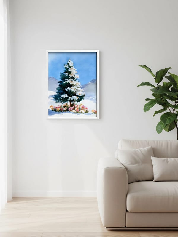 Stunning Flower Tree in Snow - Original Watercolor Art & Flower Wall Art