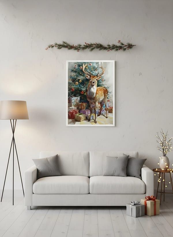 Vibrant Festive Stag and Tree - Christmas Stag Art & Holiday Home Decor