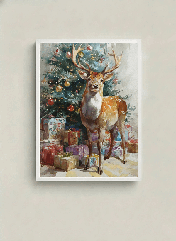 Vibrant Festive Stag and Tree - Christmas Stag Art & Holiday Home Decor
