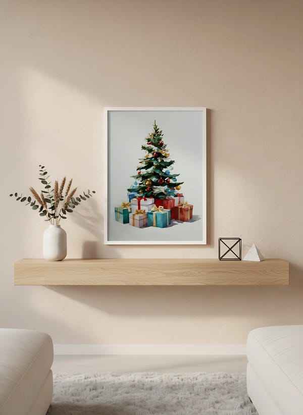 Classic Christmas Tree and Gifts - Classic Christmas Decor & Traditional Holiday Art