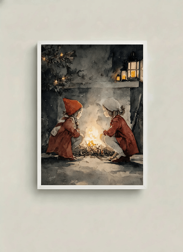 Cozy Firelight Children - Fireplace Art Decor & Warm Winter Scene