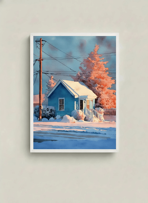 Vibrant Blue House Winter Sunset - Golden Hour Art & Warm Winter Streetscape